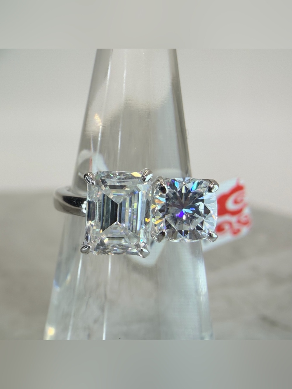5CT Moissanite Ring • Emerald & Round Cut Duo • Sterling Silver • Size 5 - Picture 12 of 16